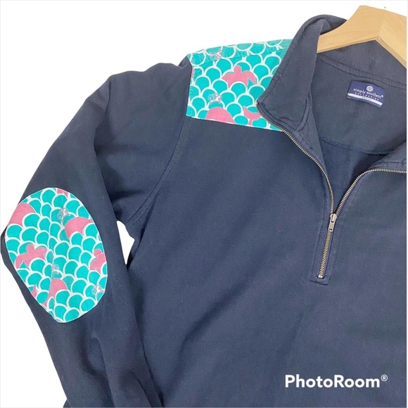 SIMPLY SOUTHERN Navy Blue Quarter Zip Contrast Fish Scale Elbow Patch Pullover - Picture 3 of 12